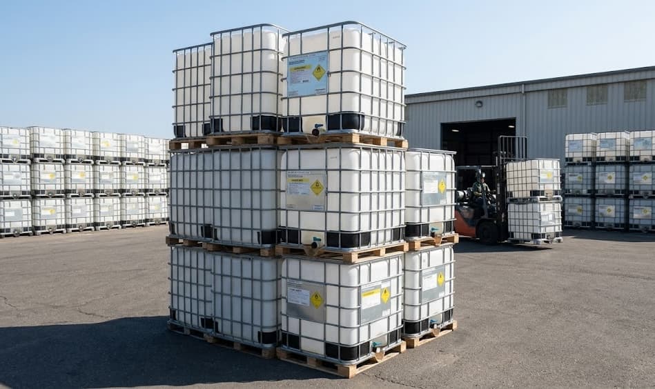 Stacked IBC totes ready for distribution at our outdoor yard