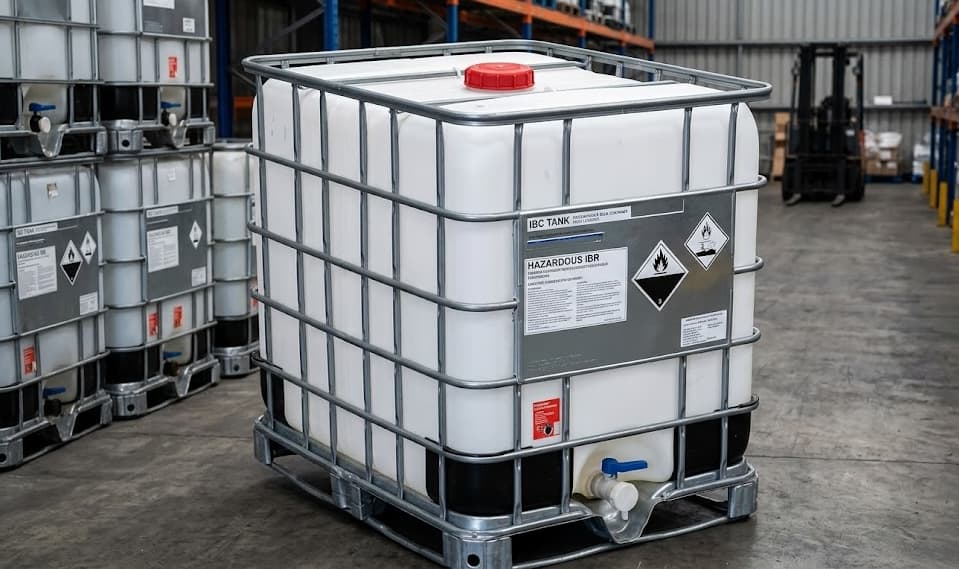 Single IBC tote with hazmat labels in warehouse