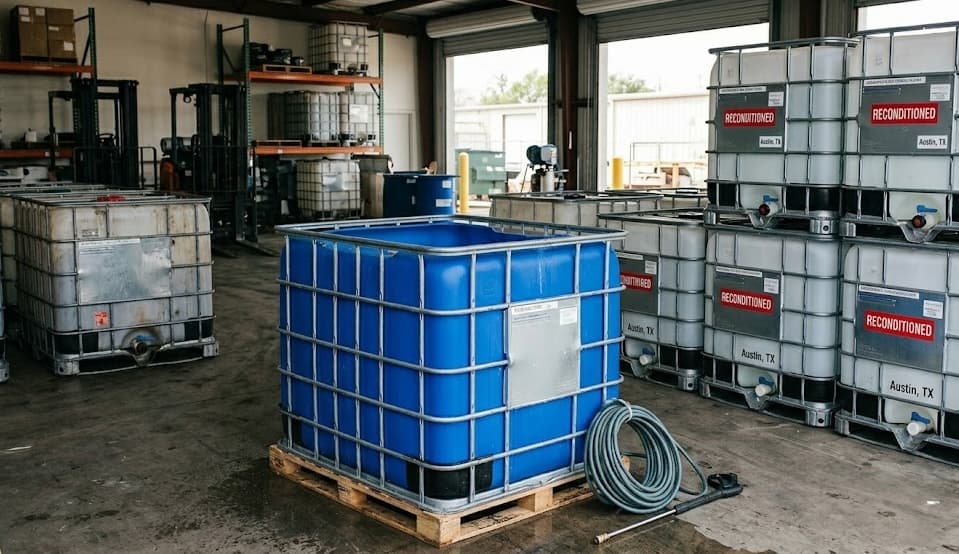 Blue reconditioned IBC tote in our cleaning facility