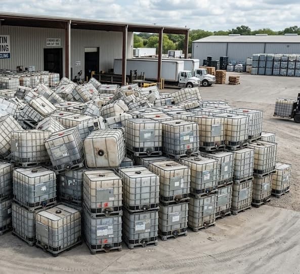 IBC tote recycling yard with hundreds of containers awaiting processing