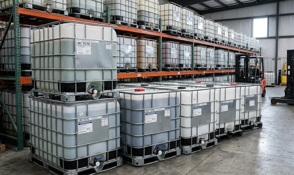 Our warehouse facility with organized IBC tote inventory on industrial racking